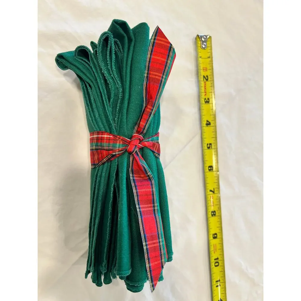 Set of 5 Green Cloth Dinner Napkins Christmas Holiday Table Linens Tartan Ribbon